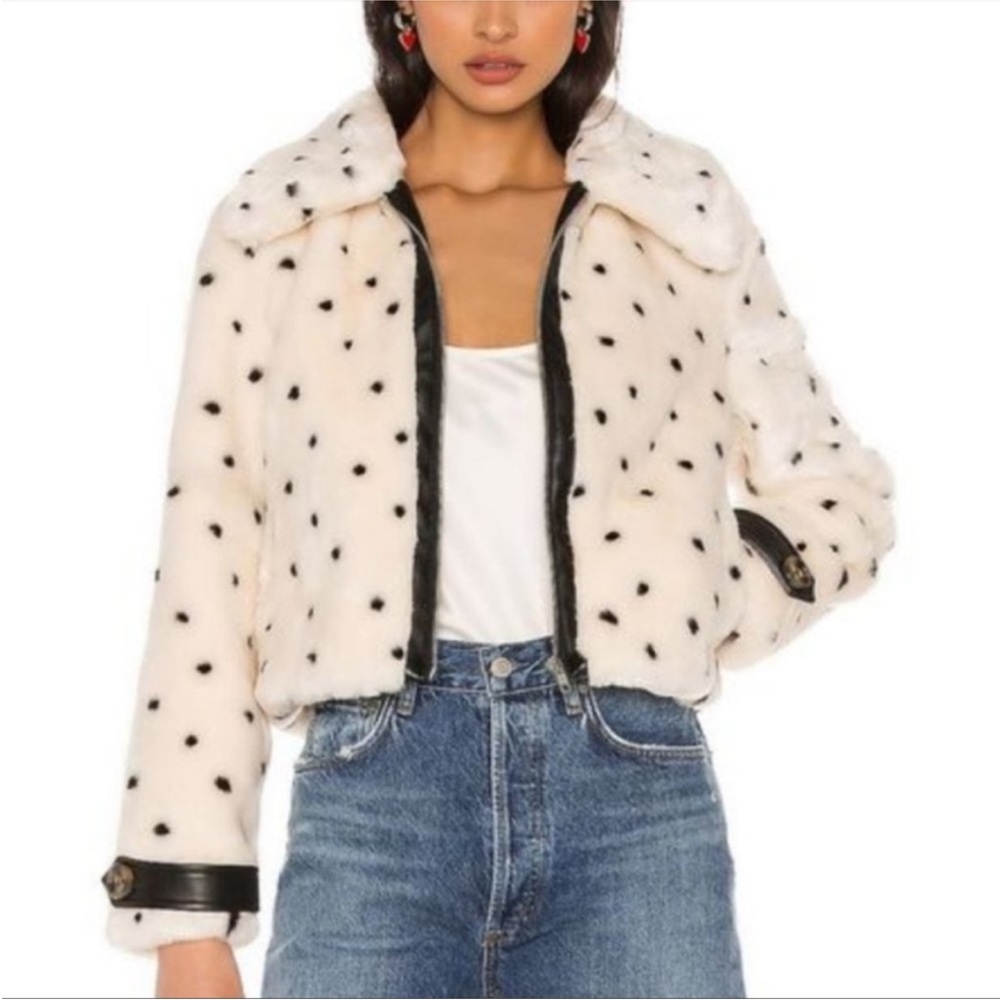 MAJORELLE Polka Dot Teddy Jacket in Cream and Black
